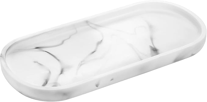 Luxspire Bathroom Vanity Tray Countertop, 10" Marble Tray for Kitchen Counter, Resin Oval Tray for Soap Dispenser and Toilet Tank, Decorative Trays for Perfume, Jewelry, Small, Faux Marble White