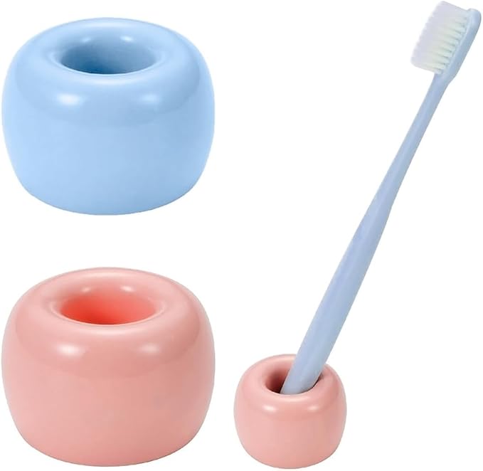 Mini Ceramics Toothbrush Holder Stand for Bathroom Vanity Countertop, Handmade Couple Toothbrush Head Holder, Shaver Holder and Office Pen Holder, Pink&Blue, Pack of 2