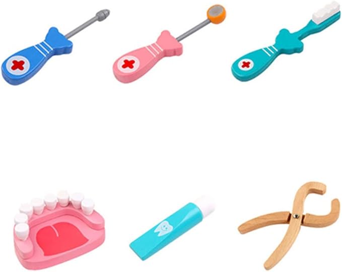 Wooden Dentist Toy Kit Pretend Play Teeth Tools Educational Doctor Role Play Set for Kids 6PCS Dentist Simulation Toy Educational for Boys Girls Early Learning