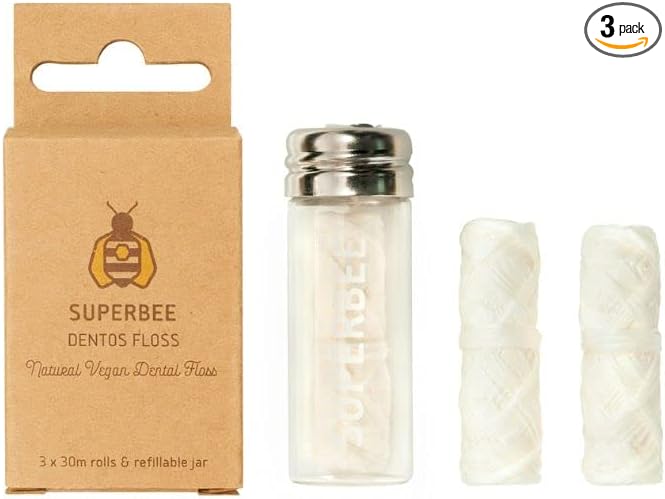 SuperBee Dentos Floss, 3 spools Dental Thread, Vegan and Natural Corn Fiber Floss, for Sensitive Gums Kids and Adults, Peppermint Flavored Fluff, Dental Yarn, Oral Care Routine