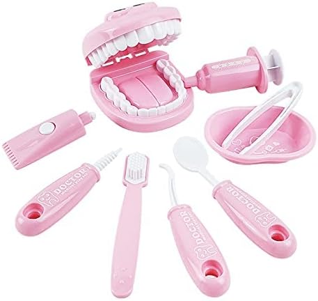 9PCS Plastic Simulation Dentist Play Set Medical Kit Pretend Toy for Kids Hygienic Habbit Cultivation Role Play Game for Children 6 Colors (Purple/Pink/Yellow/Green) OPP Bag Packaging (Pink)