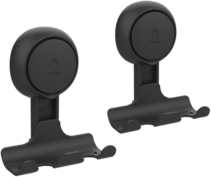 LEVERLOC Razor Holder for Shower 2 Pack, Powerful Vacuum Suction Cup Hook for Towel, Loofah, Razor, Squeegee, Damage-Free Wall Shower Hook, Shaver Holder for Bathroom, Easy to Install and Reuse, Black