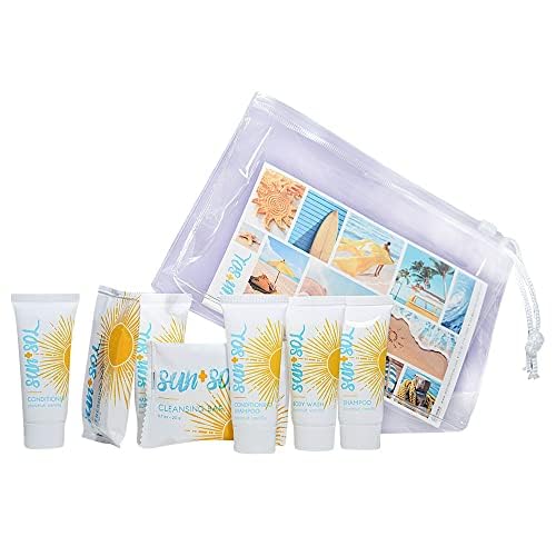 World Amenities Sun+Sol Mini Travel Size Hotel Toiletries Bathroom Kit - Case of 25 Sets - Warm Coconut & Vanilla - Shampoo, Conditioner, Body Wash, Lotion, Cleansing Bar, Soap Bar