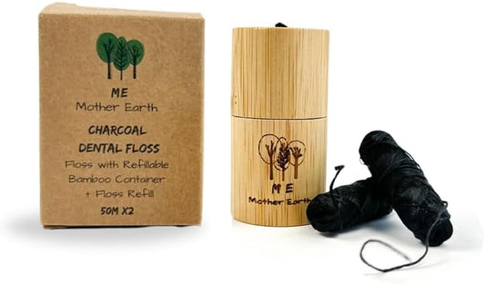 Vegan Biodegradable Bamboo Charcoal Dental Floss with Refillable Bamboo Container | Free Refill | Natural Candelilla Wax | 30M x2 | Peppermint Essential Oil | Eco Friendly Zero Waste Oral Care