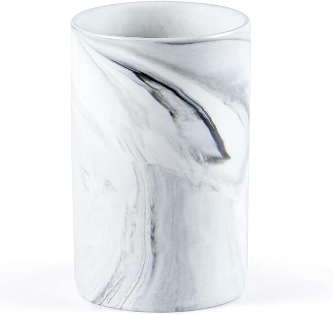 Bathroom Tumbler Cup, Ceramic Toothbrush Holder Stand for Mouthwash Rinsing, Toothpaste, Pen, Makeup Brush, Teaspoon Organizer, 10oz / 300ml (Marble Pattern)