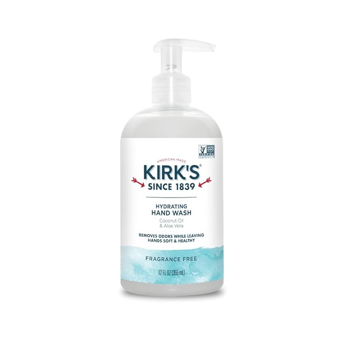 Kirk's Hydrating Hand Wash - Made with Coconut Oil and Aloe Vera, With Odor Neutralizing Technology To Help Eliminate Odors, Non-GMO, Vegan, Fragrance Free, 12 Fl Oz.
