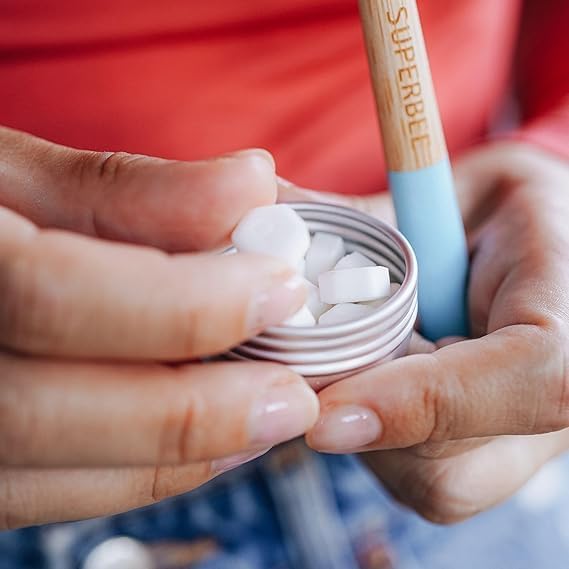 SuperBee Dentos Toothpaste Tablets & Biodegradable Bamboo Toothbrushes, 14 Tabs, Fluoride Free & Eco Friendly, Travel Mouthwash Tablets, Sensitive Bites Kids Adults