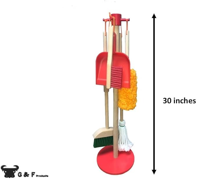 JustForKids Wooden Detachable Kids Cleaning Set - Duster, Brush, Mop, Broom and Hanging Stand Play - Housekeeping Kit - STEM Toys for Toddlers Girls & Boys, Total 6 Pieces,Multi Color,10071