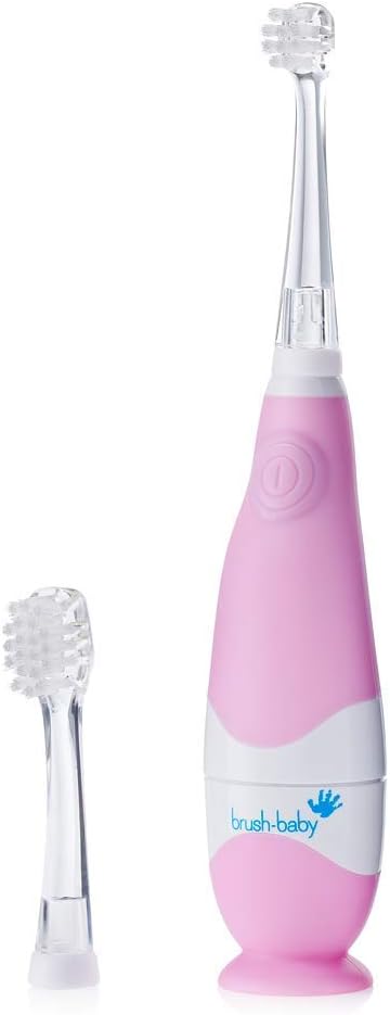 brush-baby BabySonic Infant and Toddler Electric Toothbrush for Ages 0-3 Years - Smart LED Timer and Gentle Vibration Provide a Fun Brushing Experience - Includes 2 Sensitive Brush Heads (Pink)