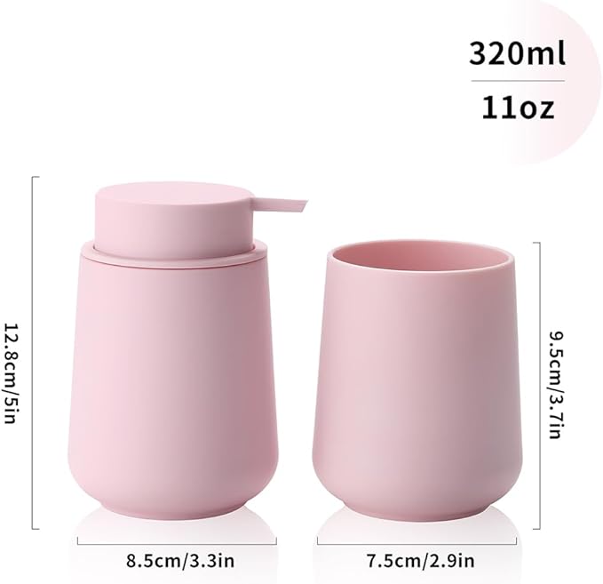 Matte Pink Bathroom Accessories 2 Piece Set Plastic Soap Dispenser and Toothbrush Holder for Modern Bathroom Decor