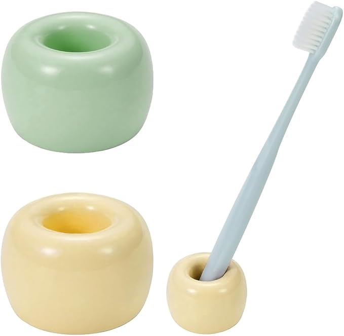 Mini Ceramics Toothbrush Holder Stand for Bathroom Vanity Countertop, Handmade Couple Toothbrush Head Holder, Shaver Holder and Office Pen Holder, Yellow&Green, Pack of 2
