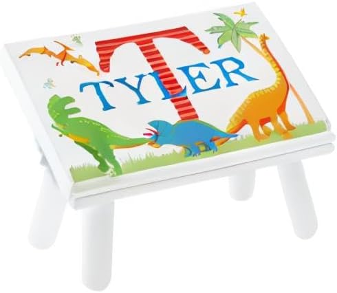 Let’s Make Memories Personalized My Own Name Step Stool - Children’s Step Stool - Sturdy Wood – Non-Toxic Paint, Sealer - Dinosaur Design - White - 14’Wx9.25”Lx8.75”H - Ages 3+