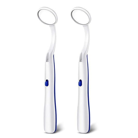 2 Pcs Dental Mirror with Light Tool LED Lighted Teeth Inspection Mirror Anti Fog Curve Angle Dentist Oral Care Tool (Dark Blue)