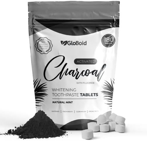 GloBoid Charcoal Toothpaste Tablets with Fluoride Three Month Refill, Zero Waste, Eco Friendly & Plastic Free Toothpaste Tabs, Toothpaste Bites for Travel