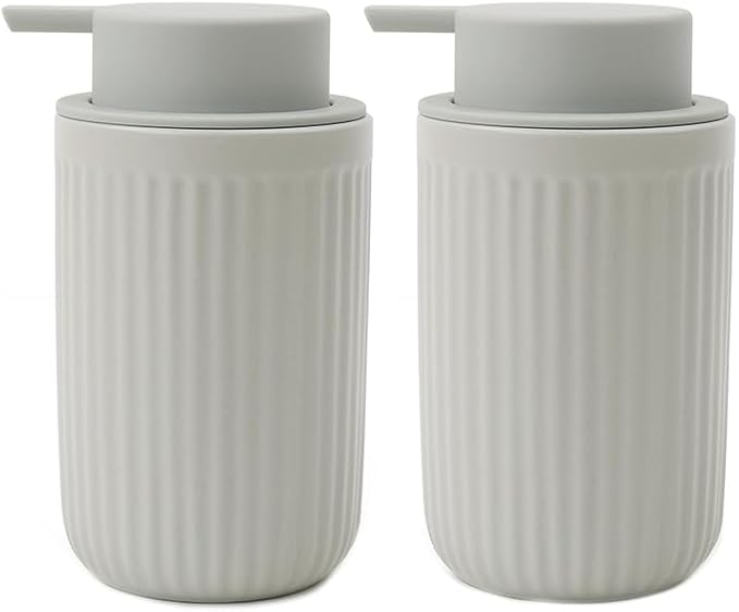 BosilunLife Grey Soap Dispenser Set - 2 Pack 12oz Ceramic Dish Soap Dispenser with Rust Proof Pump for Kitchen, Hand Soap and Lotion Set Suitable for Farmhouse Bathroom Decor