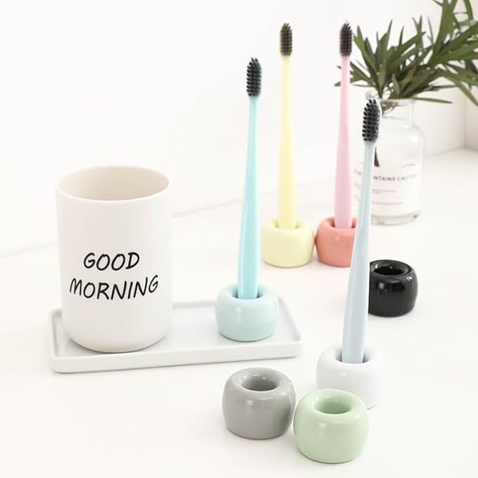 Set of 6 Sleek Mini Ceramics Toothbrush Holder, Small Ceramic Ring, Perfect Size for Bathroom Vanity Countertops