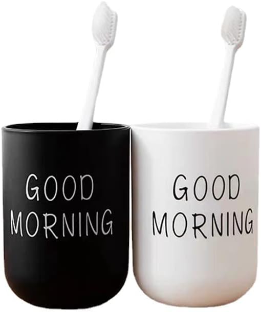 Toothbrush Holders 2pcs, Bathroom Mouthwash Cups, Japanese Drinking Cup 300ml, Water Mug, Plastic Pen Holder (Black & White)