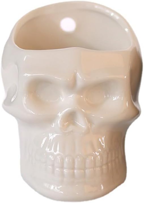 Skull-Shaped Toothbrush Holder, Skull Ceramic Small Storage Tube, Skull Pen Holder, Skull Succulent Flower Pot, Creative Decoration, Wall-Mounted Small Storage Tube (White Skull)