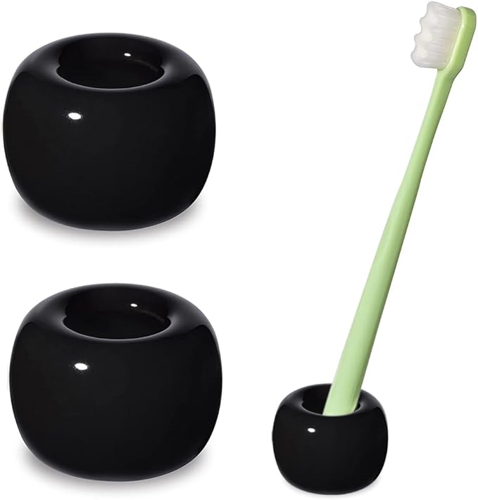Mini Ceramics Toothbrush Stand for Bathroom Vanity Countertop, Handmade Couple Toothbrush Head and Shaver Holder, Office Pen Holder, 2-Piece Set Black