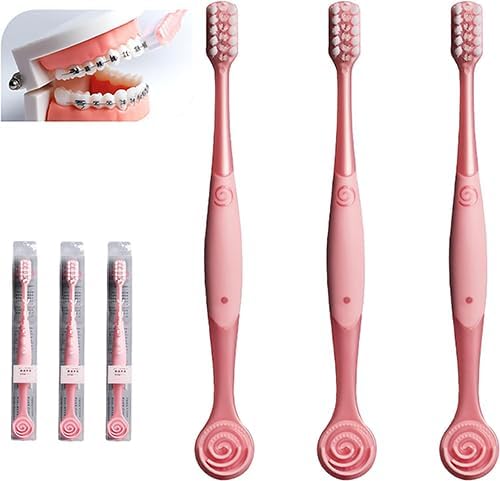 V-Shaped Orthodontic Toothbrush Dental Brush for Braces, for Kids/Teens/Adult, for Sensitive Teeth, for Delicate Gums, Soft Bristles, Toothbrush for Braces, with Tongue Cleaner, Pink, 3pcs