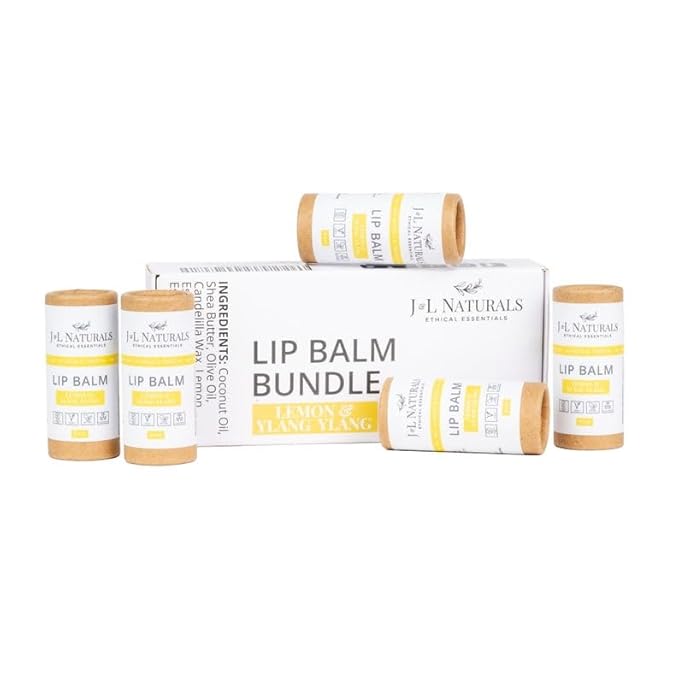 J&L Naturals Sustainable Lip Balm | Organic Ingredients, 100% Natural, Eco-Friendly | Cruelty Free, Vegan, Paraben Free, Silicone Free (Lemon & Ylang Ylang, 5-Piece Bundle)