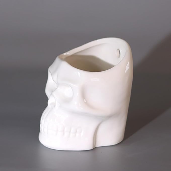 Skull-Shaped Toothbrush Holder, Skull Ceramic Small Storage Tube, Skull Pen Holder, Skull Succulent Flower Pot, Creative Decoration, Wall-Mounted Small Storage Tube (White Skull)