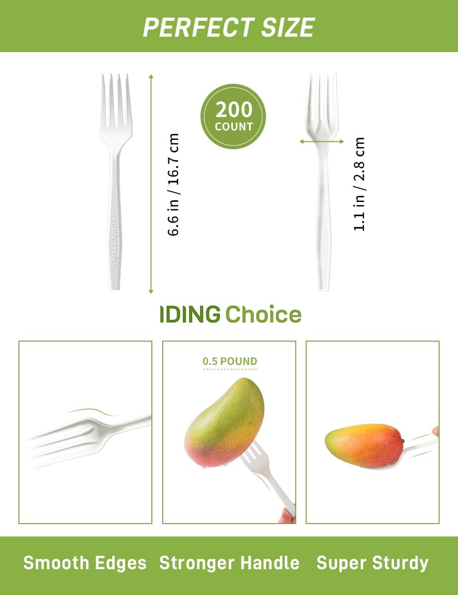 Compostable Forks No Plastic Silverware 200 count disposable cutlery flatware heavy duty party utensils Eco Friendly Heavyweight White Fork for Wedding Office BBQ Picnic Outdoor Event
