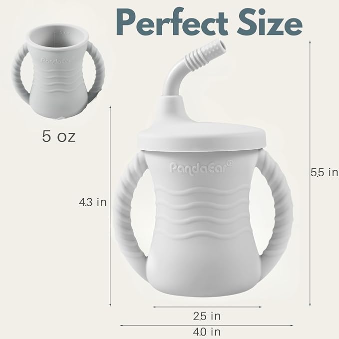 PandaEar Silicone Training Cup, 2 Pack Baby Drinking Sippy Cups with Handles & Straw for Baby and Toddler 6 Months+ (Pink&Grey)