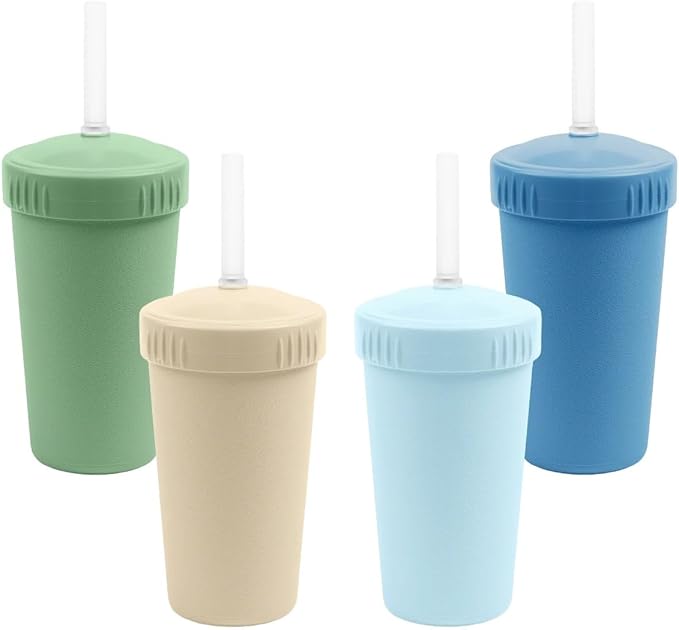 Re-Play 10 oz. Straw Cups for Kids with Silicone Locking Straws - Dishwasher & Microwave Safe - Made in USA - Set of 4-7.37" x 7.37" x 1.25" - Meadow