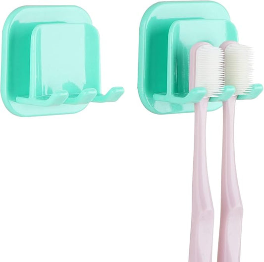2 PCS Self-Adhesive Toothbrush Holders Wall Mounted, Water Proof Toothbrush Hook, 2 in 1 with Toothbrush Hanger and Gargle Cup Holder for Bathroom Shower (Green)
