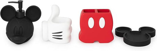Jay Franco Disney Mickey Mouse Bathroom Organizer Set - 4 Piece Red, Black and White Accessories Includes Resin Soap Dispenser, Soap Dish, Toothbrush Holder and Tumbler - Bathroom Décor