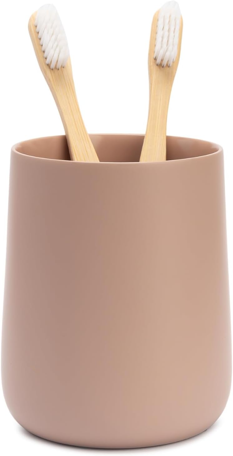 Matte Dusty Pink/Mauve Toothbrush and Toothpaste Holder and Cup for Bathroom Vanity and Countertop, Round Organizer for Electric Toothbrushes, Floss, Razors, Cotton, and Mouthwash