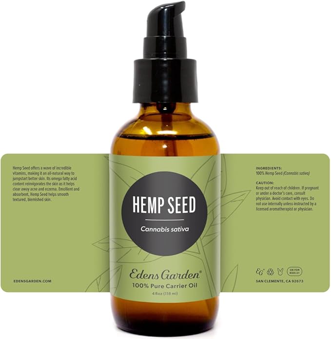 Edens Garden Hemp Seed Carrier Oil- 100% Pure Premium Cold Pressed & Hexane Free, Natural Moisturizer for Face, Skin, Hair, & Nails, Massage & Muscle Soother, Diluting Essential Oils 118 ml (4 fl oz)
