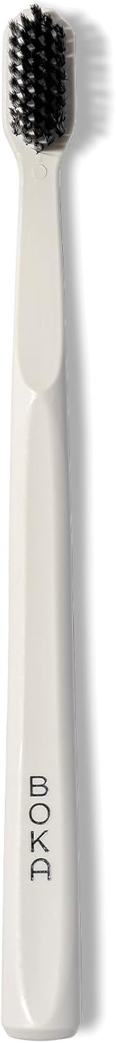 Boka Classic Manual Toothbrush with Extra Soft Activated-Charcoal, Tapered Bristles, Bioplastic Handle That Includes Travel Cap, Dentist-Approved, Great for Adults and Kids, White (Pack of 1)