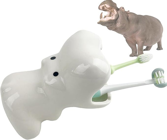FlidRunest Kids Hippo Toothbrush Holder, Cute Hippo Pen Pencil Holder, White Ceramic Succulent Planter Pots for Home Office Decoration Desk Organization, Set of 1