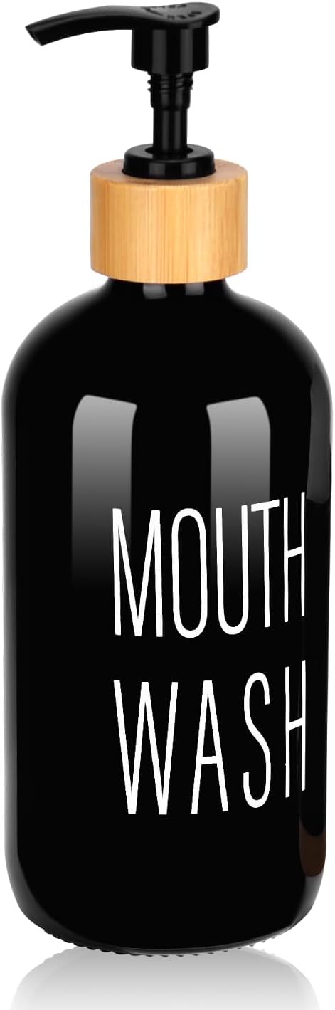 Pump Mouthwash Dispenser, Glass Mouthwash Container for Bathroom Countertop, Mouth Wash Bottle Decanter, Black, Printed Font