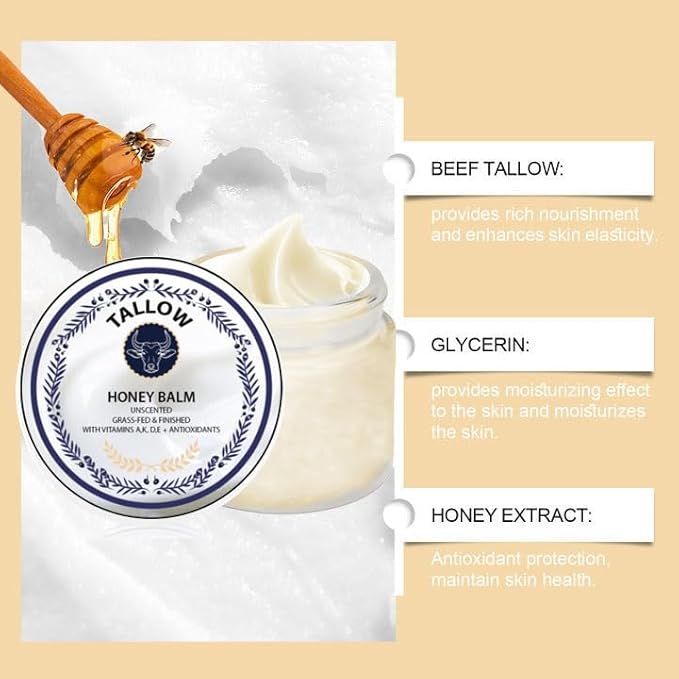 Grass Fed Honey & Tallow Balm - Tallow and Manuka Honey Cream, Bálsamo de Miel y Sebo, Unscented, Natural Ingredient Whipped Moisturizer for Face & Body, Lotion and Lip Balm 2 oz (1pcs)
