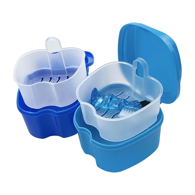 2pcs Denture Bath Retainer Case, Dentaure Cups for Soaking Dentures with Strainer Basket Tray,Compact and Pportable Design, Suitable for Traveling (Lake Blue+Pink)