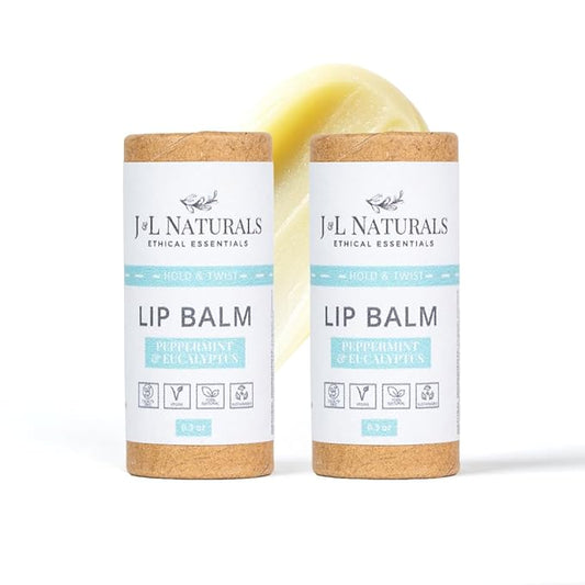 J&L Naturals Sustainable Lip Balm | Organic Ingredients, 100% Natural, Eco-Friendly | Cruelty Free, Vegan, Paraben Free, Silicone Free (Peppermint & Eucalyptus, 2-Piece Duo)