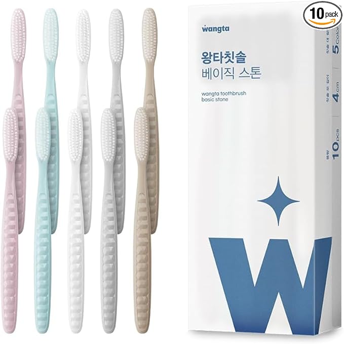 WANGTA Basic Stone - Extra Large Toothbrushes - 1.6 inch (4 cm) Wide Head, 4,000 Bristles for Deep Cleaning & Gum Care – Made in Korea Premium Oral Care – Plaque Remover for Sensitive Teeth (10 Pack)