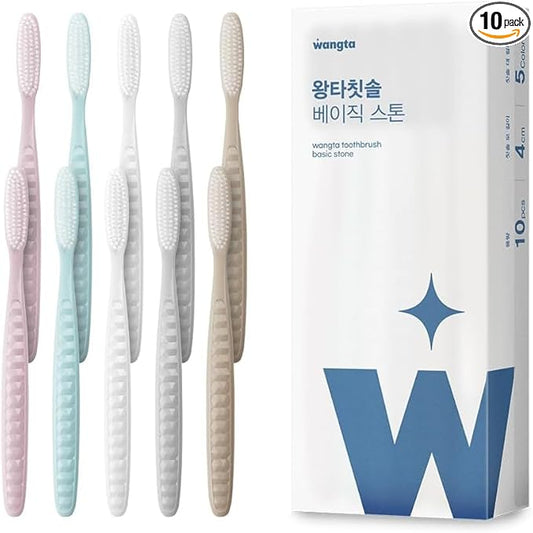 WANGTA Basic Stone - Extra Large Toothbrushes - 1.6 inch (4 cm) Wide Head, 4,000 Bristles for Deep Cleaning & Gum Care – Made in Korea Premium Oral Care – Plaque Remover for Sensitive Teeth (10 Pack)