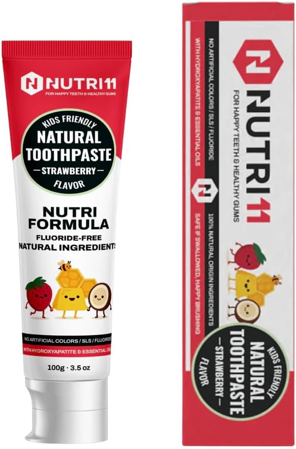 Nutri 11 Natural Kid's Toothpaste | Fluoride-Free & SLS-Free | Enamel Remineralization with Hydroxyapatite & Baking Soda | Sensitive Teeth Safe | Fresh Strawberry Flavor | 100g (Kids)