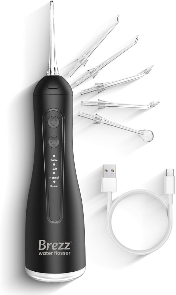 Brezz Water Dental Flosser Pick:Professional for Teeth Cleaning,4 Modes Cordless, Rechargeable IPX 7Waterproof,300ML Large Tank,Electric,Portable Home Travel,5Tips Flossing,Powerful Battery (Black)