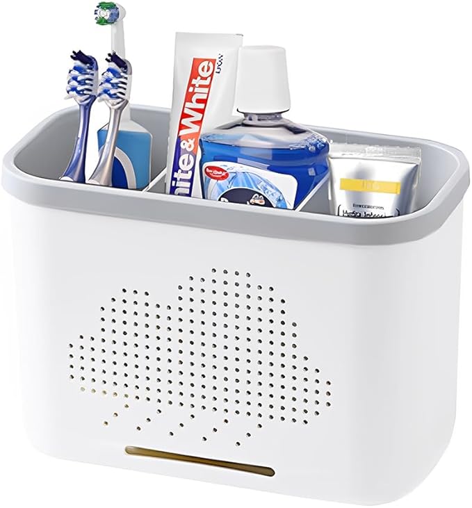 3 Slots Toothbrush Holder and Toothpaste Holder with Drain Hole, Detachable Easy Cleaning Multi-Functional Organizer Caddy Storage for Bathroom Vanity Sink Kitchen (White+Gray 3 compartments)