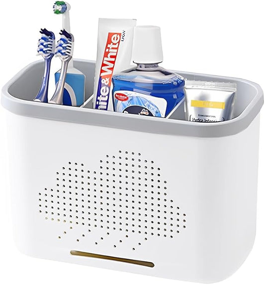 3 Slots Toothbrush Holder and Toothpaste Holder with Drain Hole, Detachable Easy Cleaning Multi-Functional Organizer Caddy Storage for Bathroom Vanity Sink Kitchen (White+Gray 3 compartments)