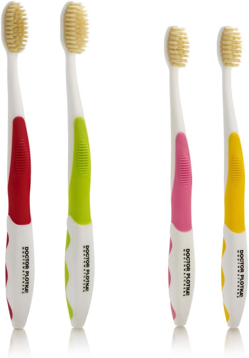 MOUTHWATCHERS Soft Flossing Toothbrushes, Family Pack, 2 Adult & 2 Kids, Ultra Clean Manual Toothbrush Set for Sensitive Teeth & Gums, by Dr. Plotka, Assorted Colors