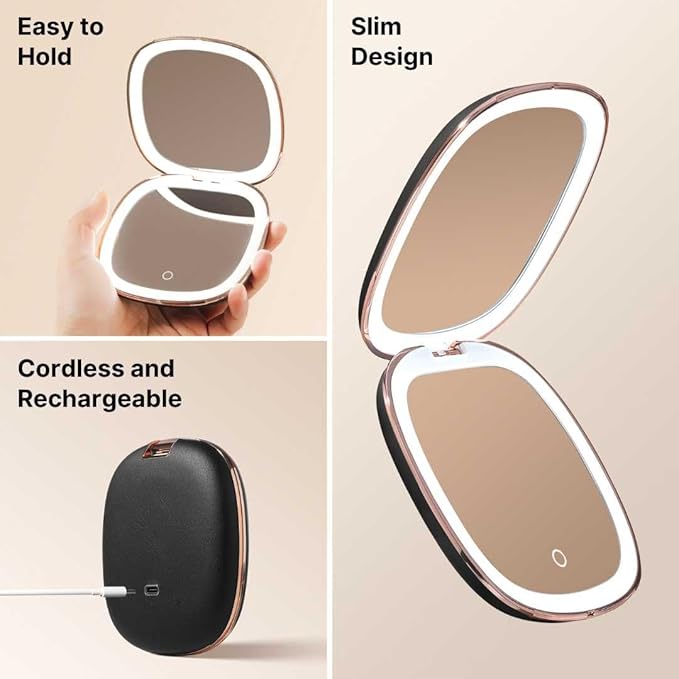 Fancii Mila 2 Compact Magnifying Makeup Mirror with LED Light, Rechargeable, 10x /1x Magnification, Tru-Glow Lighting System, Vegan Leather, Small Travel Mirror for Purses (Midnight Majesty)