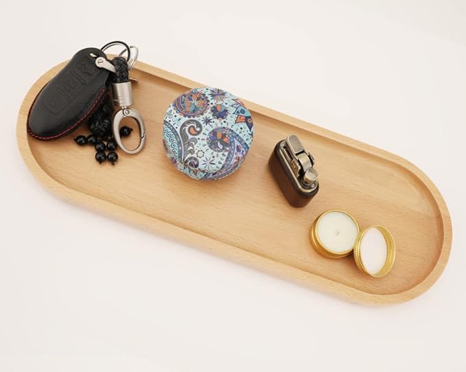 Fermus Wooden Tray, Set of 2, 12.5 Inch Long, Jewelry Dish Cosmetics Organizer Bathroom Clutter Wood Decorative Serving Platter Small Storage Tray, Oval (2 Pack)