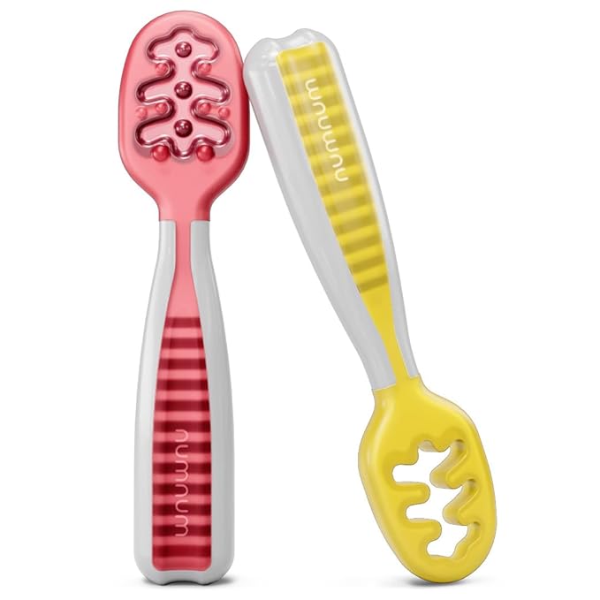 NumNum Baby Spoons Set, Baby Essentials Pre-Spoon GOOtensils for 6+ Months, First Stage Self-Feeding Spoons for Baby Led Weaning (BLW), Silicone Toddler Utensils, BPA-Free, 2 Pack Red/Yellow