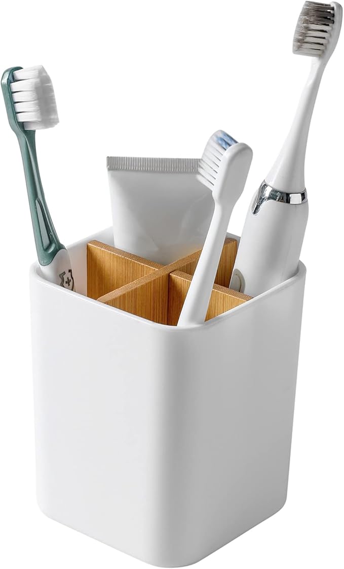 Bamboo Toothbrush Holder for Bathrooms, 4 Slots Toothbrush and Toothpaste Holder Bathroom Counter Organizer for Electric Toothbrushes, Floss, Razors - White